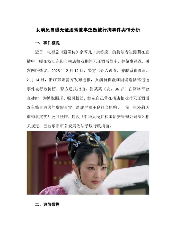 女演员自曝无证酒驾肇事逃逸被行拘事件舆情分析(1)