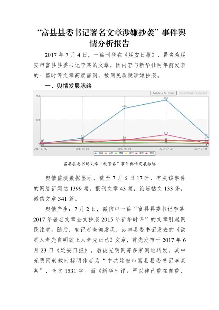 “富县县委书记署名文章涉嫌抄袭”事件舆情分析报告