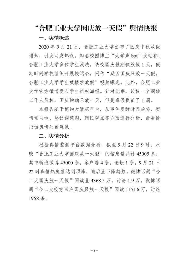 “合肥工业大学国庆放一天假”舆情快报