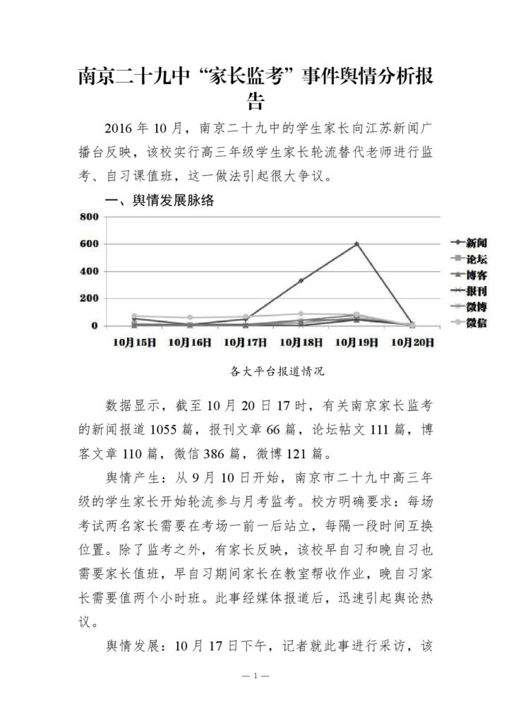 南京二十九中“家长监考”事件舆情分析报告