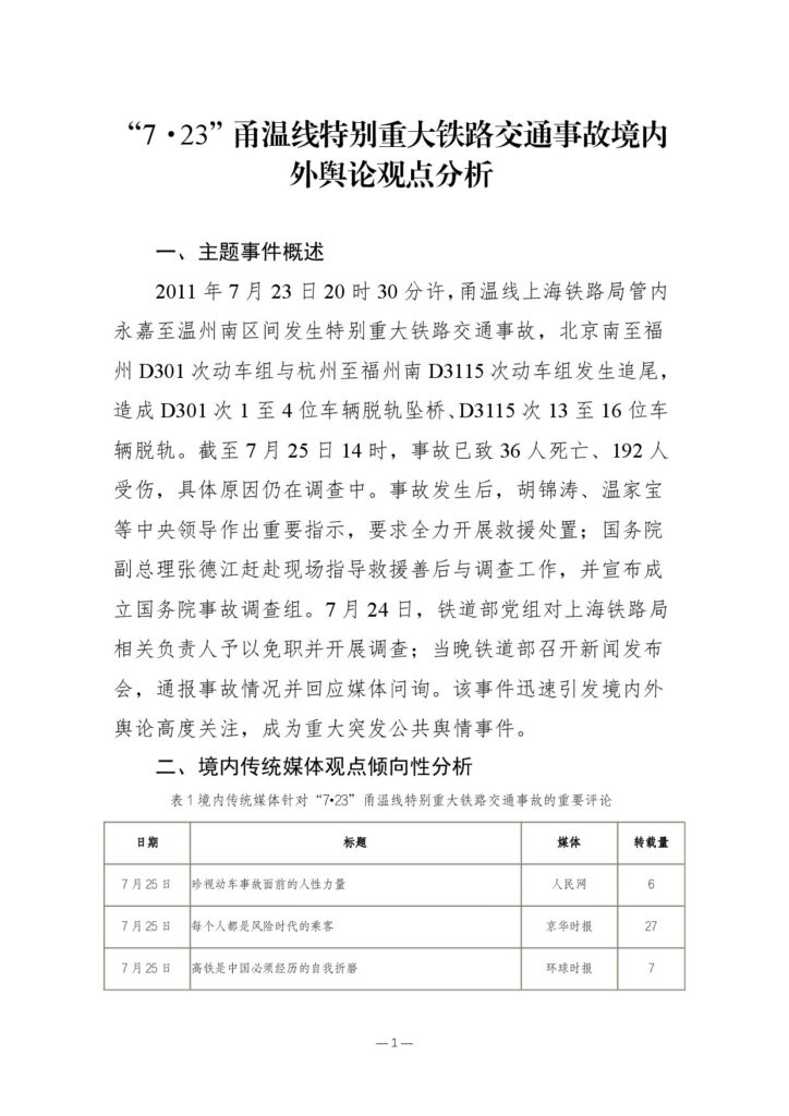 “7·23”甬温线特别重大铁路交通事故境内外舆论观点分析