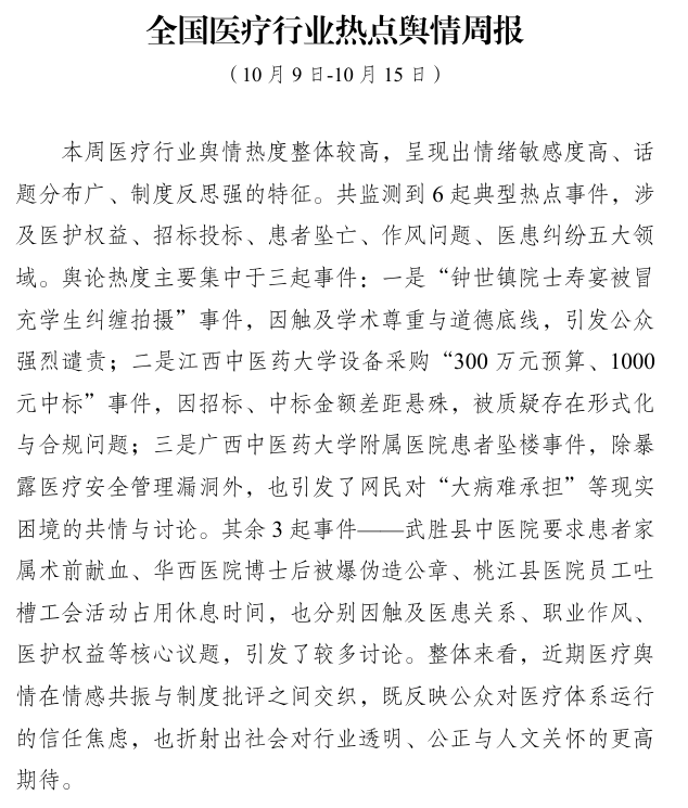 医疗行业舆情周报第1期（2025.10.9-10.15）