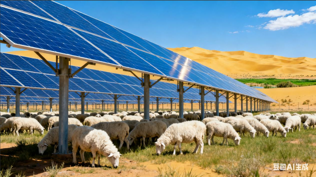 中国治沙新思路惊艳世界 光伏板下养出“光伏羊”