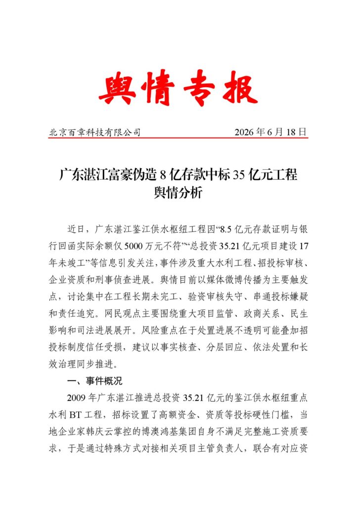 广东湛江富豪伪造8亿存款中标35亿元工程舆情分析