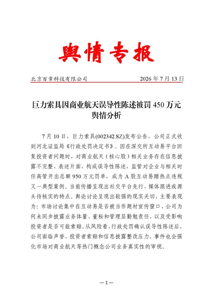 巨力索具因商业航天误导性陈述被罚450万元舆情分析